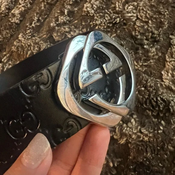 Authentic Gucci Black Monogram Leather Silver Interlocking Square G Belt 110/44